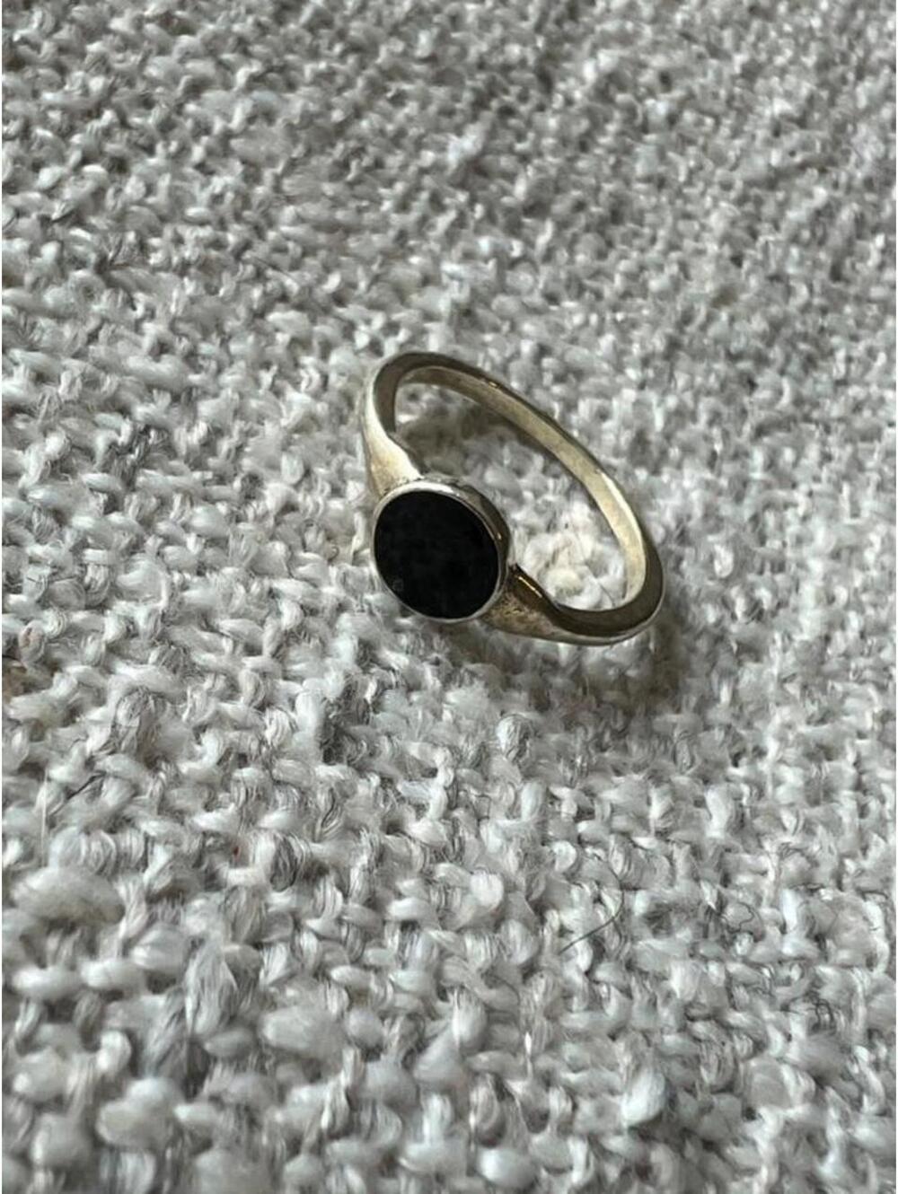 Women's Black Round Enamel and Silver Tone Ring
